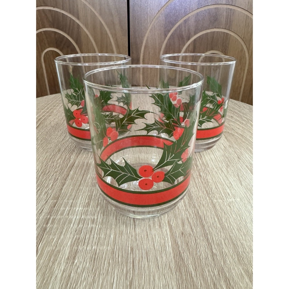 (3) Holly & Berries 4" Old Fashioned Christmas Glasses VTG Bar Cart LIBBY